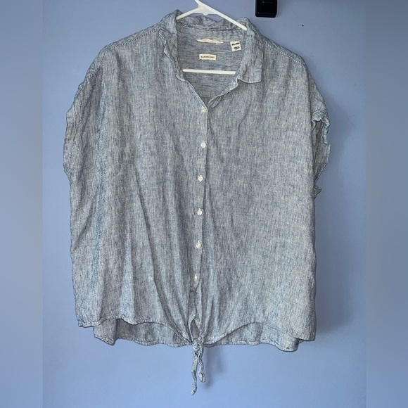 Weatherproof Vintage Linen Blend Button Up Shirt XXL Blue Striped‎ Tie Front - Picture 2 of 3